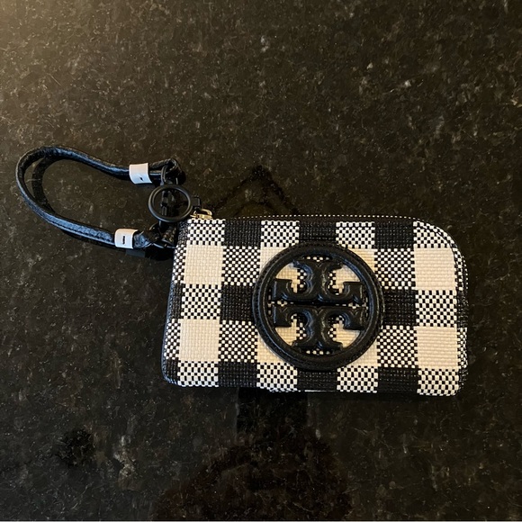 New Tory Burch Perry Bombe Gingham Top-Zip Card Case, Leather Wristlet, Black - Picture 9 of 15